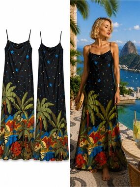 Farm Rio for Anthropologie Copacabana Night Sky Tropical Slip Maxi Dress Sz XS